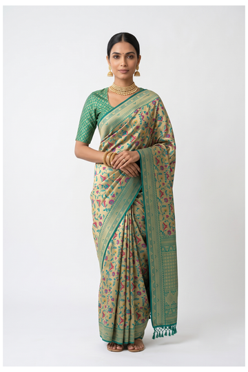 Pale Golden Green Banarasi Art Silk Wedding & Party Saree