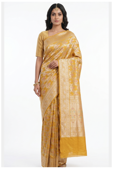 Mustard Banarasi Silk Saree With Jaal Weaving