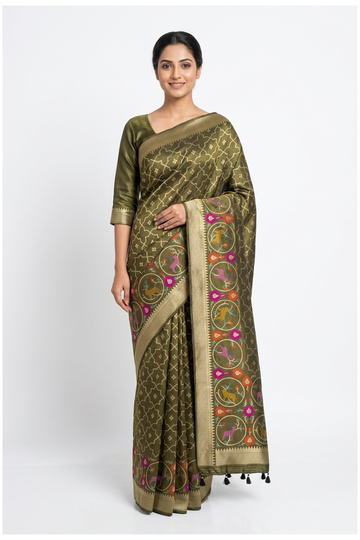 Olive Green Banarasi Dola Silk Wedding Saree
