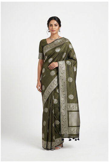 Olive Green Banarasi Art Silk Wedding Party Wear Saree
