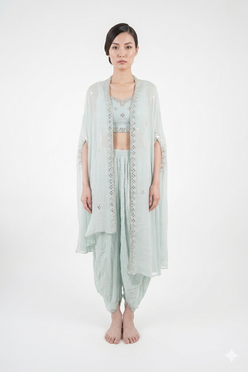 Pestal Sky Blue Embroidered Dhoti Set With Cape Jacket