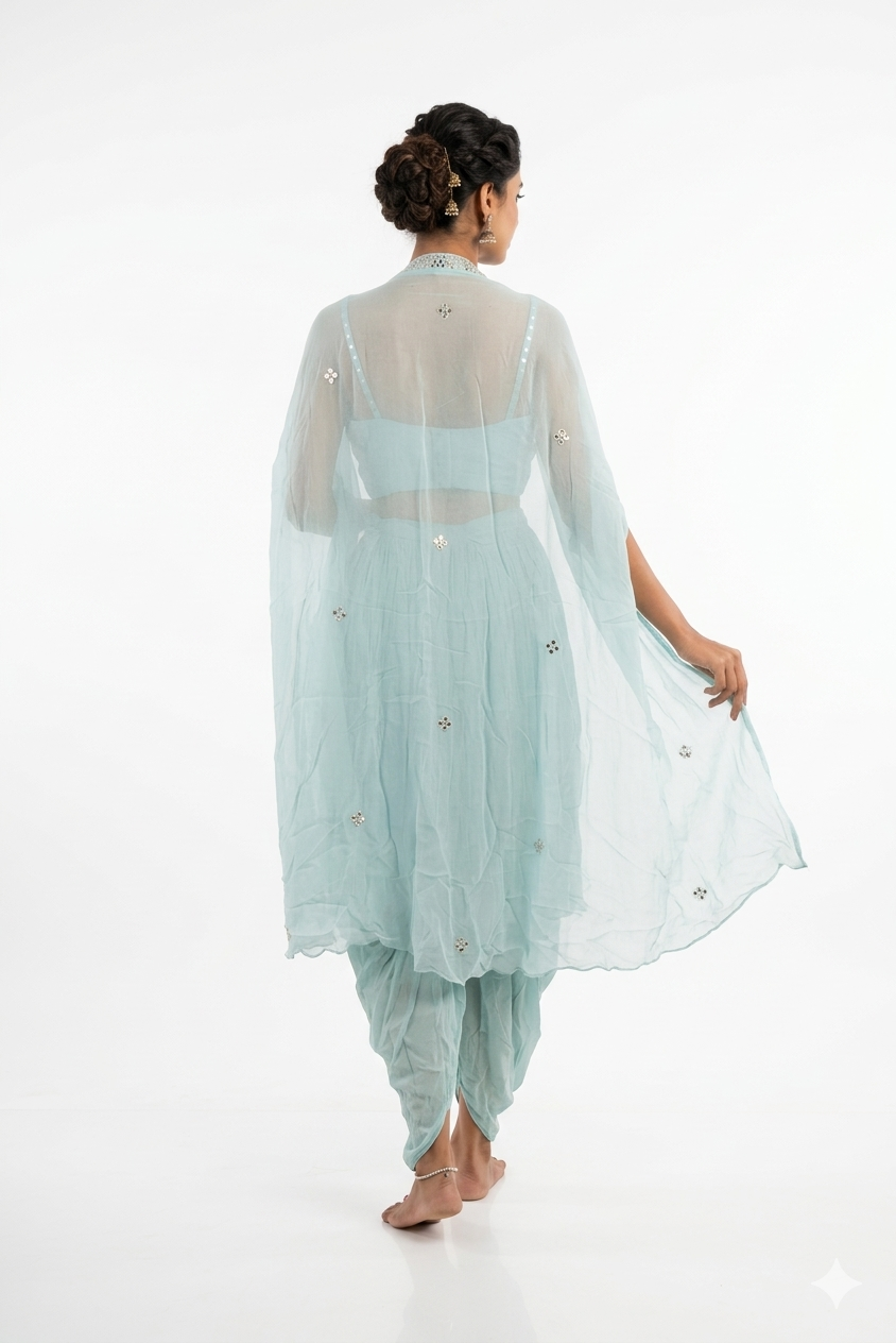 Pestal Sky Blue Embroidered Dhoti Set With Cape Jacket