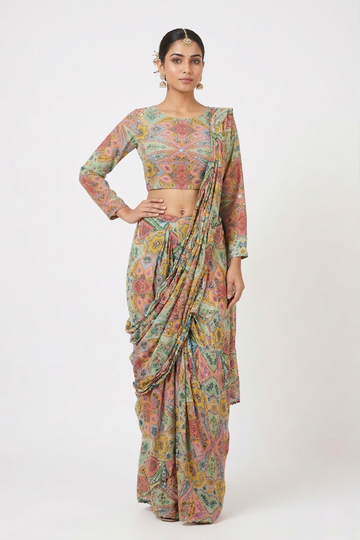 Multicolor Printed Draped Saree Style Co-Ord Set