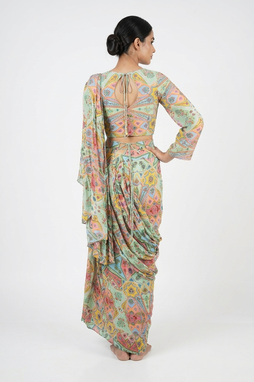 Multicolor Printed Draped Saree Style Co-Ord Set