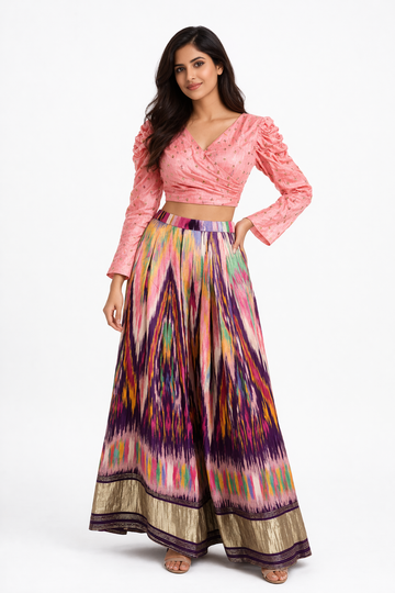 Blush Pink Embellished Crop Top With Multicolor Ikat Print Lehenga