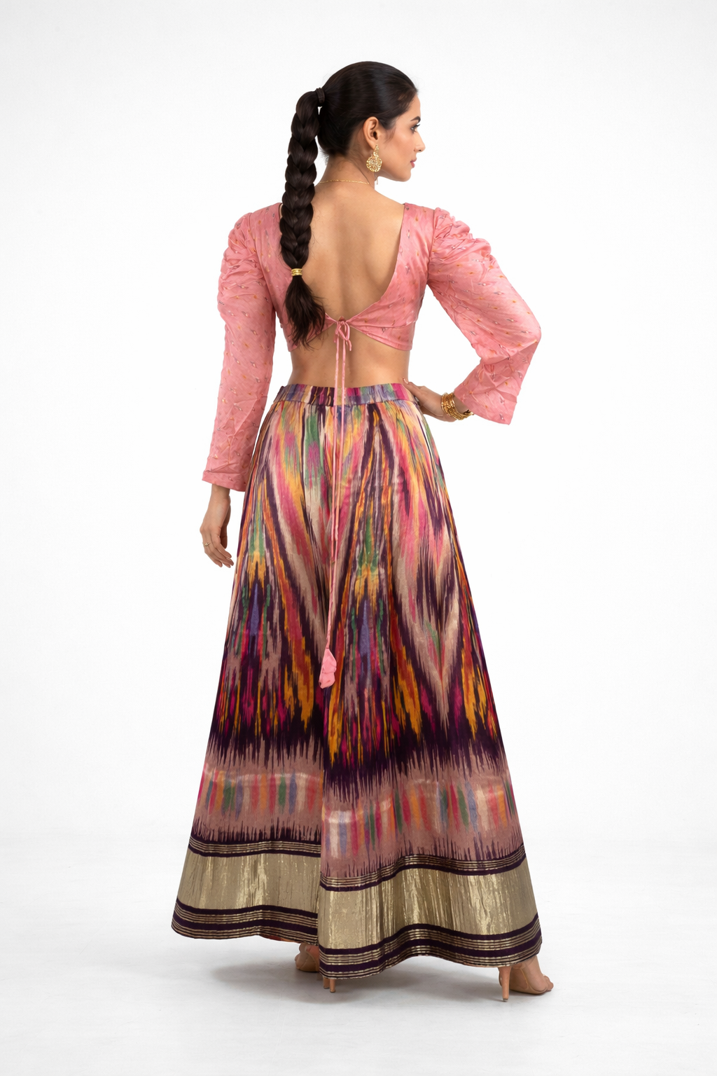 Blush Pink Embellished Crop Top With Multicolor Ikat Print Lehenga