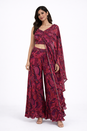 Ruby Red Printed Crop Top & Palazzo Set With Dupatta
