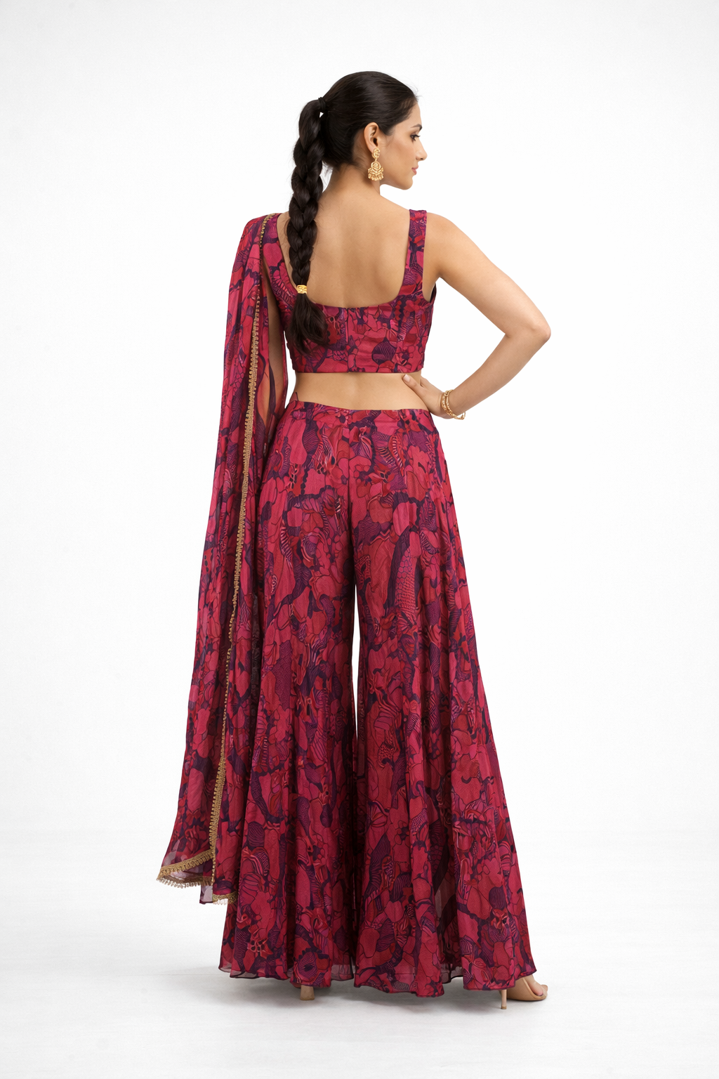 Ruby Red Printed Crop Top & Palazzo Set With Dupatta