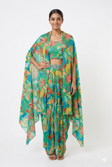 Tropical Green Printed Dhoti Skirt Set With Cape Dupatta