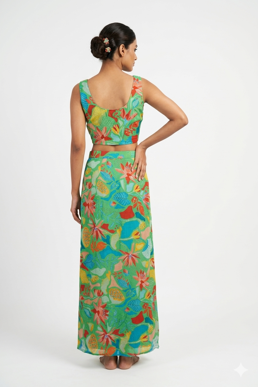 Tropical Green Printed Dhoti Skirt Set With Cape Dupatta