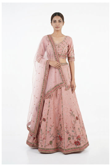 Blush Pink Floral Embroidered Lehenga Choli With Net Dupatta