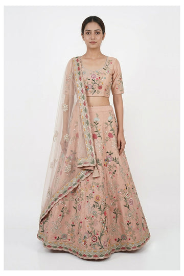 Peach Floral Embroidered Lehenga Choli With Net Dupatta