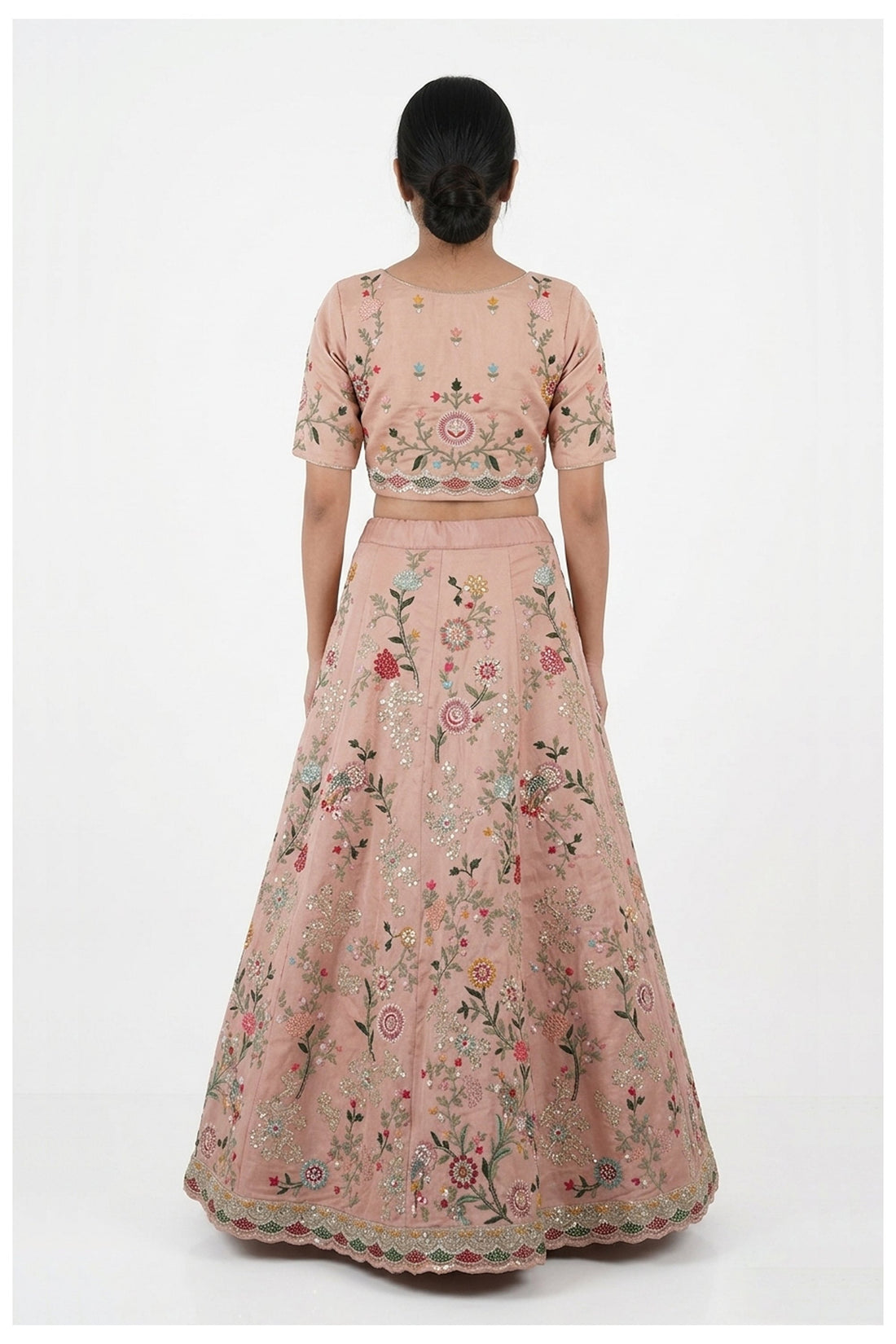 Peach Floral Embroidered Lehenga Choli With Net Dupatta