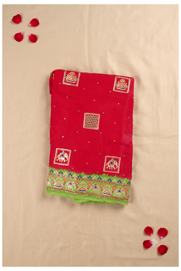 Elegant Red Georgette Saree With Traditional Embroidered Border And Elephant Motifs