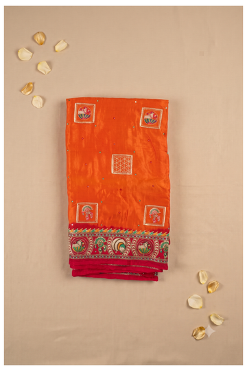 Vibrant Orange Silk Saree With Pichwai Inspired Embroidered Border And Gota Patti Motifs