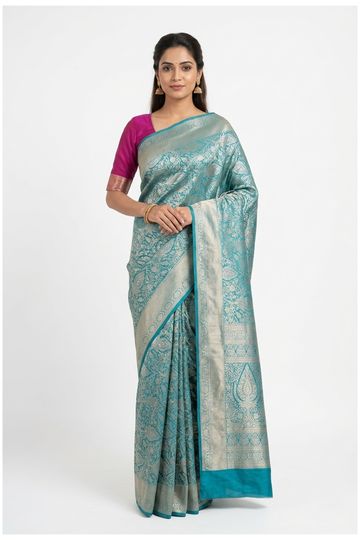 Teal Pure Silk South Saree For Wedding & Party Wear