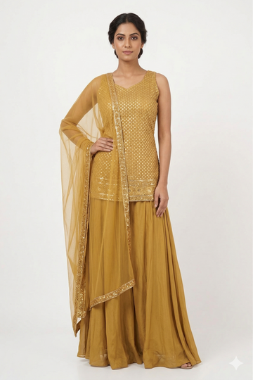 Mustard Gold Embroidered Kurta Sharara Set With Dupatta