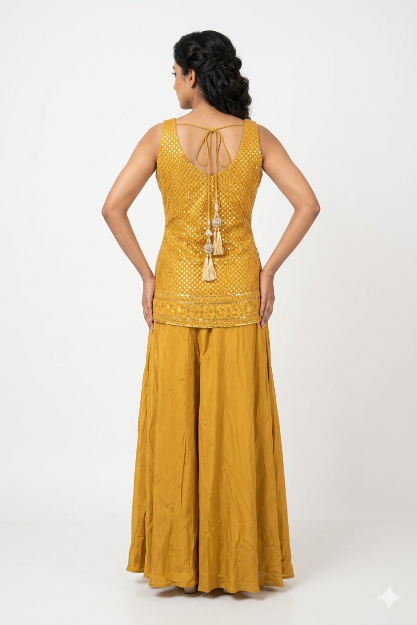 Mustard Gold Embroidered Kurta Sharara Set With Dupatta