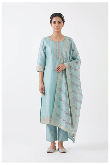 Powder Blue Embroidered Kurta Pant Set With Dupatta