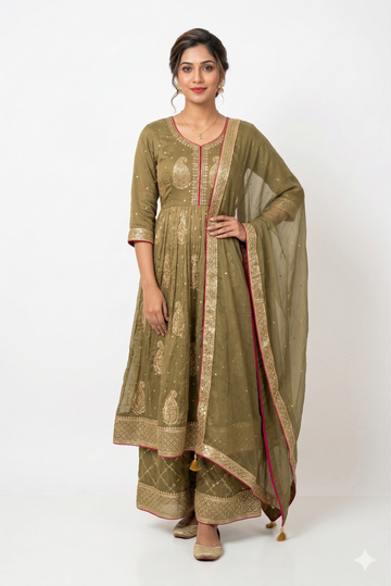 Olive Green Embroidered Kurta Palazzo Set With Dupatta