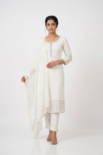 Pearl White Handcrafted Embroidered Suit Set