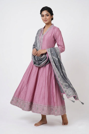 Blush Pink Anarkali Gown Set With Embroidered Dupatta