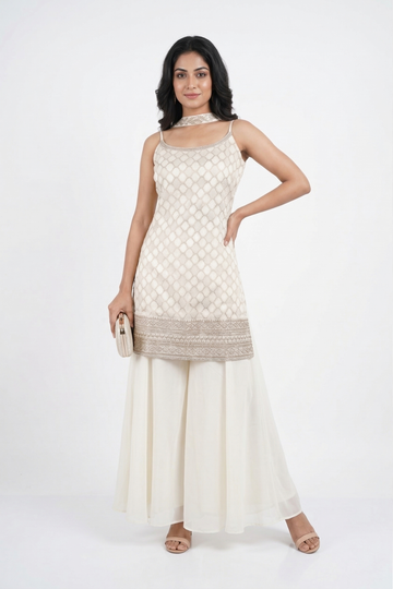 Ivory Embroidered Kurta with Flared Sharara Set