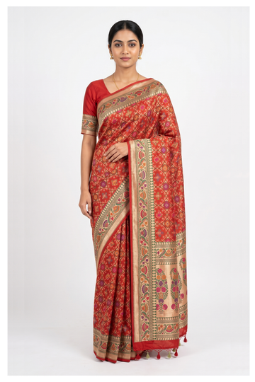 Rust Banarasi Silk Amdavadi Saree With Weaving