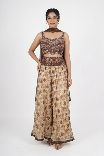 BEIGE Indo-Western Floral Lehenga Set
