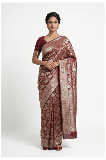 Maroon Banarasi Silk Saree With Weaving