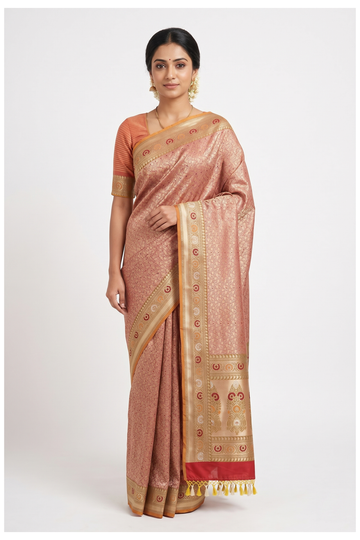 Antique Peach Banarasi Silk Saree With Weaving