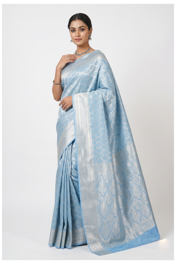 Sky Blue Banarasi Silk Saree With Jaal Weaving