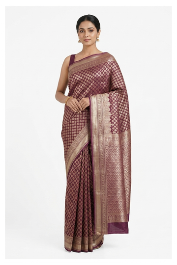 Wine Banarasi Silk Saree With Jal Weaving