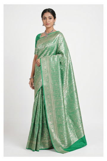 Pista Green Banarasi Silk Saree With Jaal Weaving