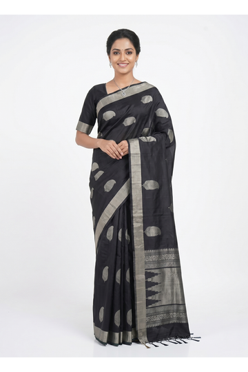 Black Pure Soft Silk Saree With Silver Zari Butta And Temple Border