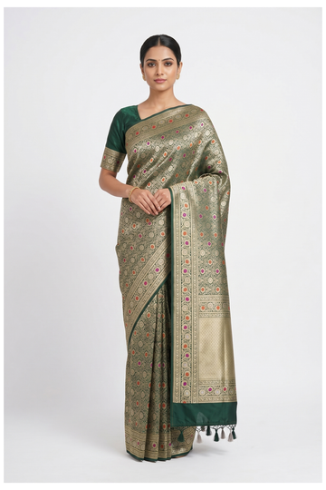 Glossy Bottle Green Banarasi Silk Saree With Weaving