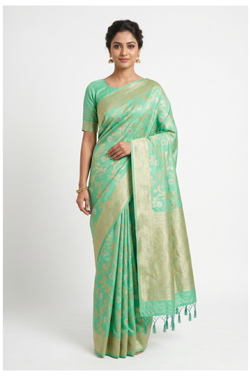 Pistachio Green Banarasi Art Silk Wedding Party Saree