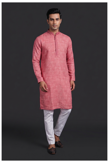 Coral Pink Textured Men'S Kurta