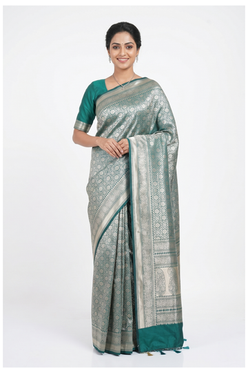 Teal Green Pure Banarasi Silk Saree With All Over Silver Zari Jaal Weaving
