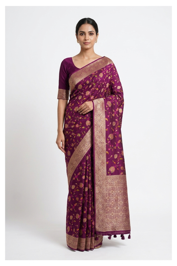 Wine Banarasi Art Silk Saree For Weddings & Parties