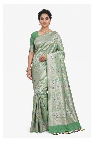 Sea Green Banarasi Silk Saree With Jaal Weaving