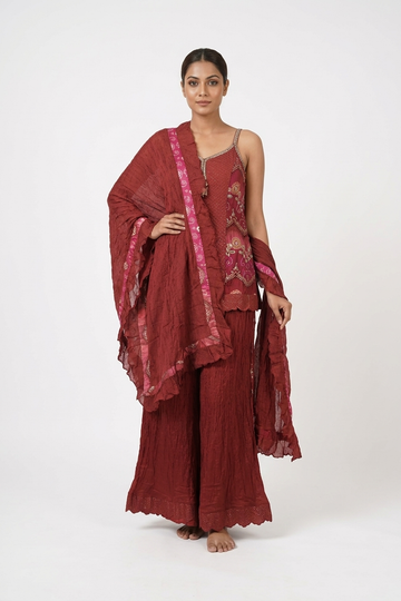 Rust Red Embroidered Kurta Sharara Set With Ruffle Dupatta