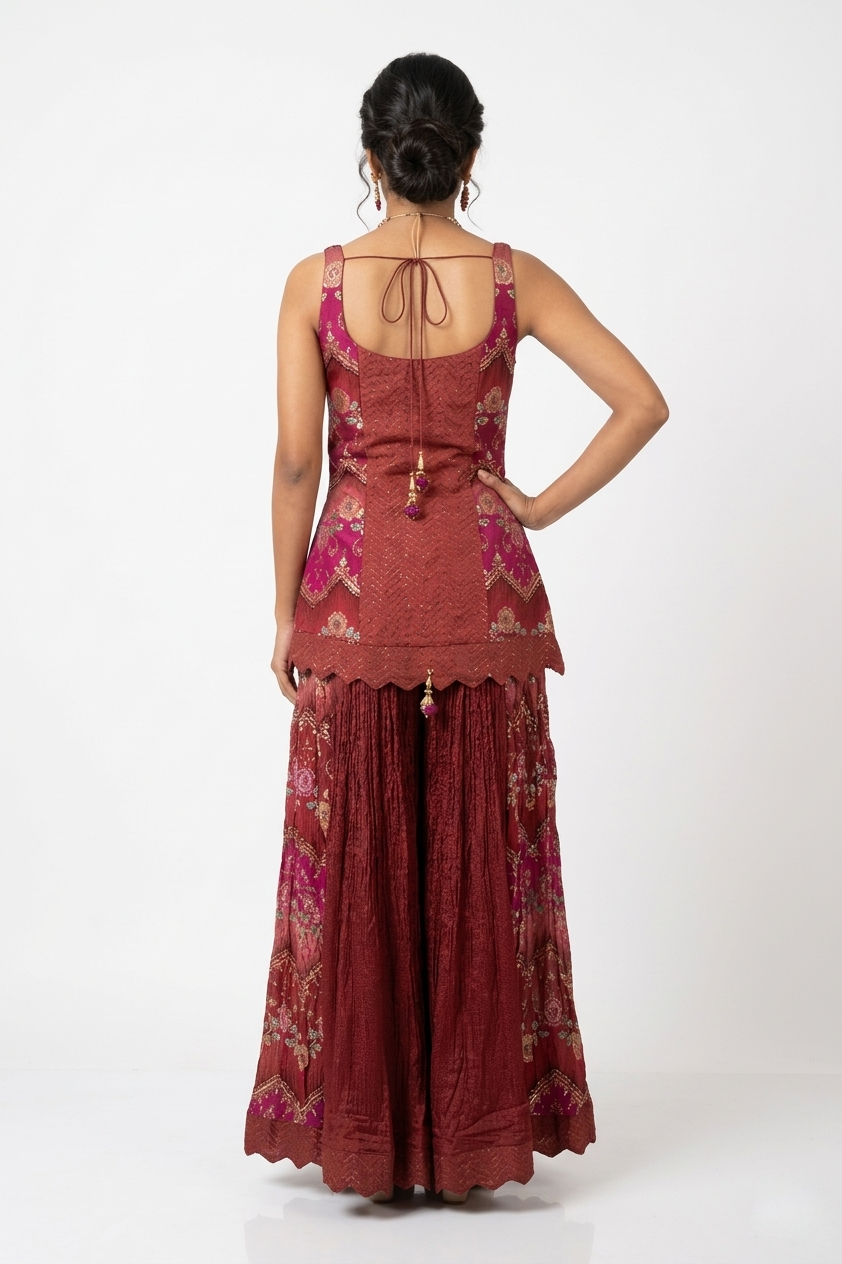 Rust Red Embroidered Kurta Sharara Set With Ruffle Dupatta