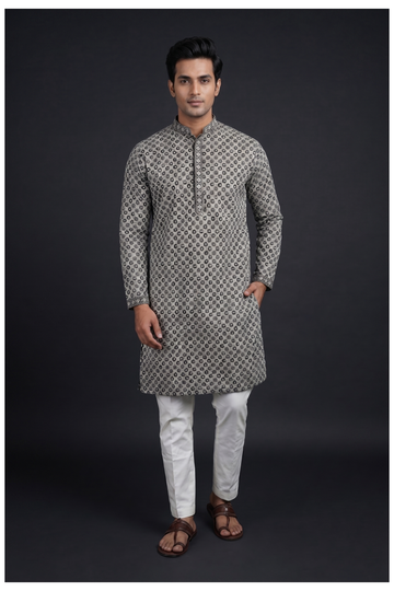 Deep Grey Floral Printed Men'S Kurta Set