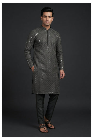 Charcoal Black Mirror Work Kurta Set