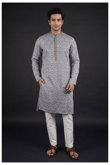 Silver Grey Printed Men’S Kurta Set