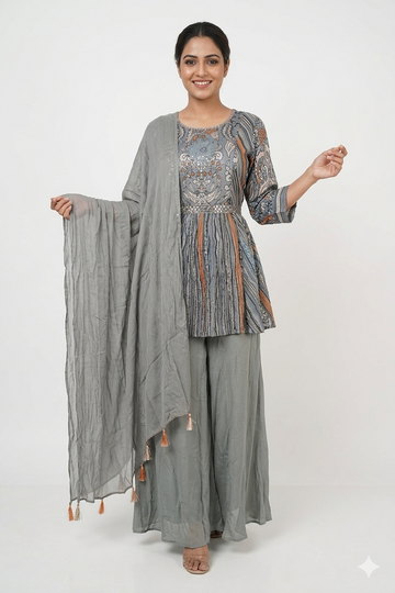 Grey Printed Peplum Kurta With Sharara & Dupatta Set