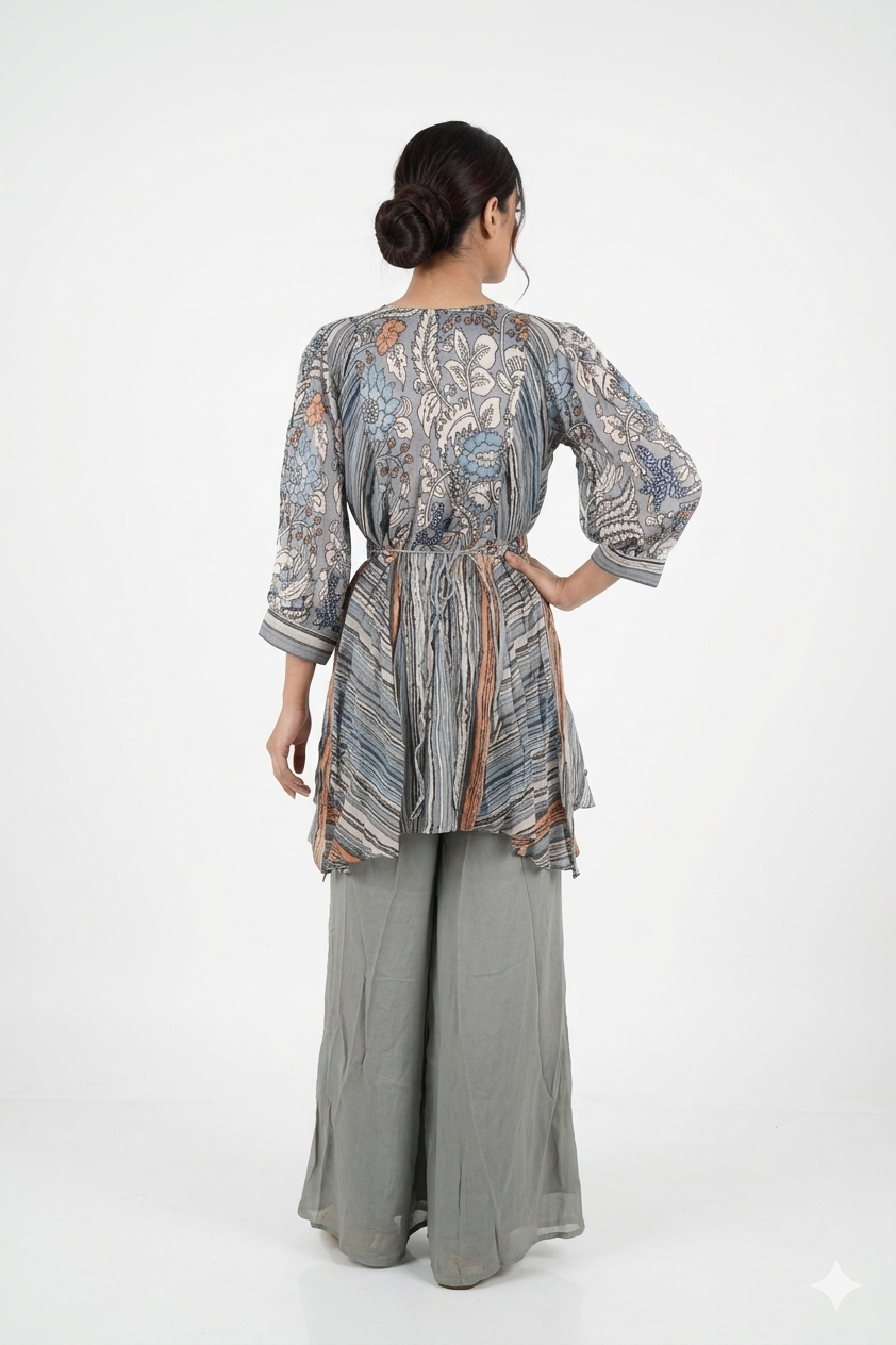 Grey Printed Peplum Kurta With Sharara & Dupatta Set