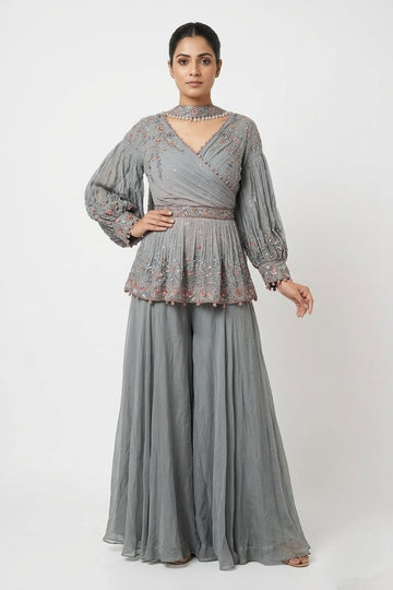 Elegant Steel Grey Embroidered Peplum Sharara Set