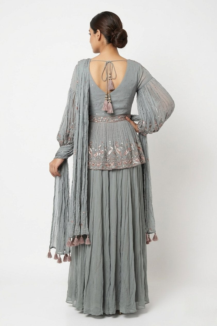 Elegant Steel Grey Embroidered Peplum Sharara Set